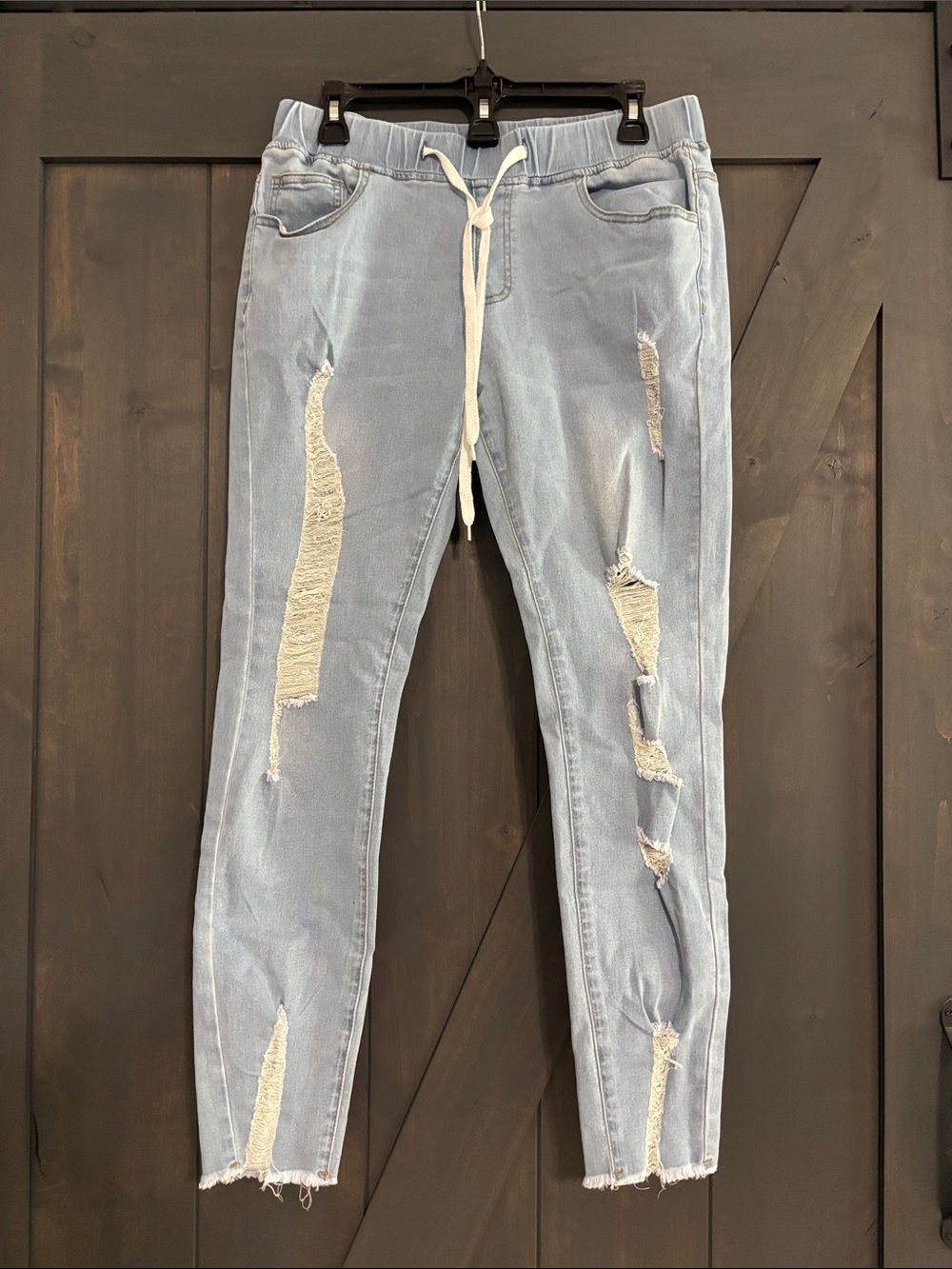 Light Blue Distressed Women's Stretchy Jogger Jeans with Drawstring